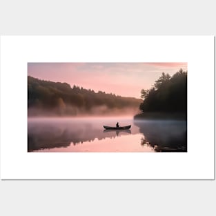 Canoe Gliding Silently Through A Mist Covered Lake At Dawn Posters and Art